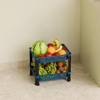 2-Layer Multipurpose Plastic Kitchen Storage Rack | Vegetable Basket Organizer | Stackable Storage Stand for Home, Pantry, Bathroom, Office – Durable Space-Saving Shelf (Blue)