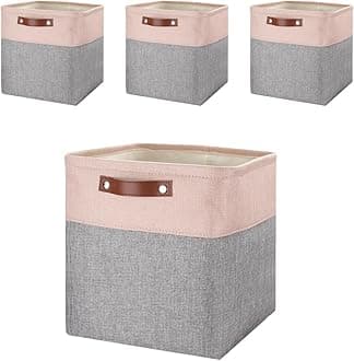 – Mangata Storage Boxes, Set of 4 Fabric Storage Cubes with Handles(33x38x33cm, Grey Pink)
