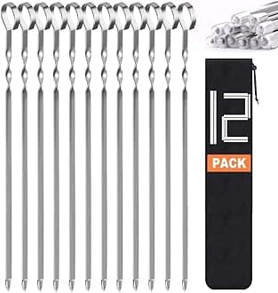 LANNEY Kabob Skewers Flat Metal BBQ Barbecue Skewer 14" Long Stainless Steel Shish Kebob Sticks Wide Reusable Grilling Skewers Set for Meat Shrimp Chicken Vegetable, 12 Pack