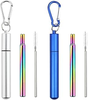 2 Pack Collapsible Stainless Steel Drinking Straws, Metal Reusable Straws, Travel Retractable Straws with 2 Aluminum Case, 2 Cleaning Brush, and 2 Keychains, Cruise Ship Essentia(Silver&Blue)