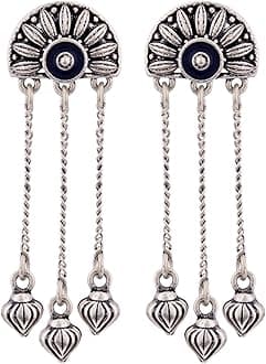 Traditional Oxidised Silver Plating Brass Mandala Half Moon half circle Floral Design Oxidized Long Tassels Dangle & Drop Earrings for Women and Girls