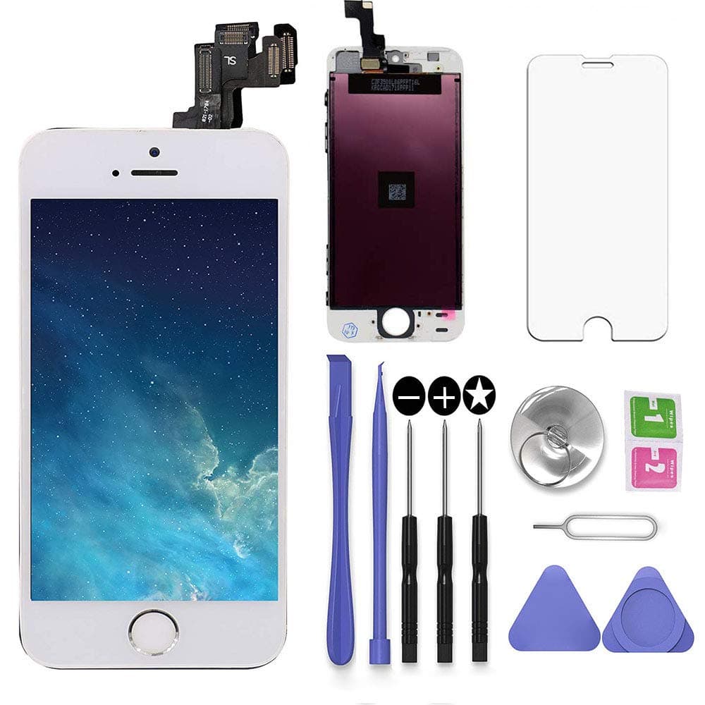 Compatible with iPhone 5S LCD Screen Replacement White 4.0 inch Assembly Full Set 3D Touch LCD Display Digitizer Frame Replacement with Repair Tool Kit, Screen Protector
