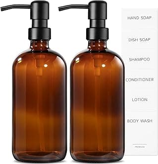 Soap Dispenser with Stainless Steel Pump,500ml Brown Glass Soap Dispensers, Hand and Dish Soap Dispenser for Kitchen & Bathroom, Refillable Amber Glass Bottle with Pump and Label (2, Amber)
