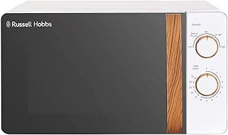 Russell Hobbs RHMM713 17 L 700 W Scandi Compact White Manual Microwave with 5 Power Levels, Wood Effect Handle & Dials, Timer, Defrost Setting, Easy Clean