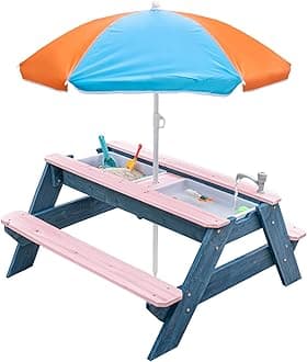 Kids 3-in-1 Sand & Water Table, Wood Outdoor Convertible Picnic Table w/Umbrella, 2 Trays, Removable Top with Faucet, Picnic Table for Outdoor (Pink/Orange)