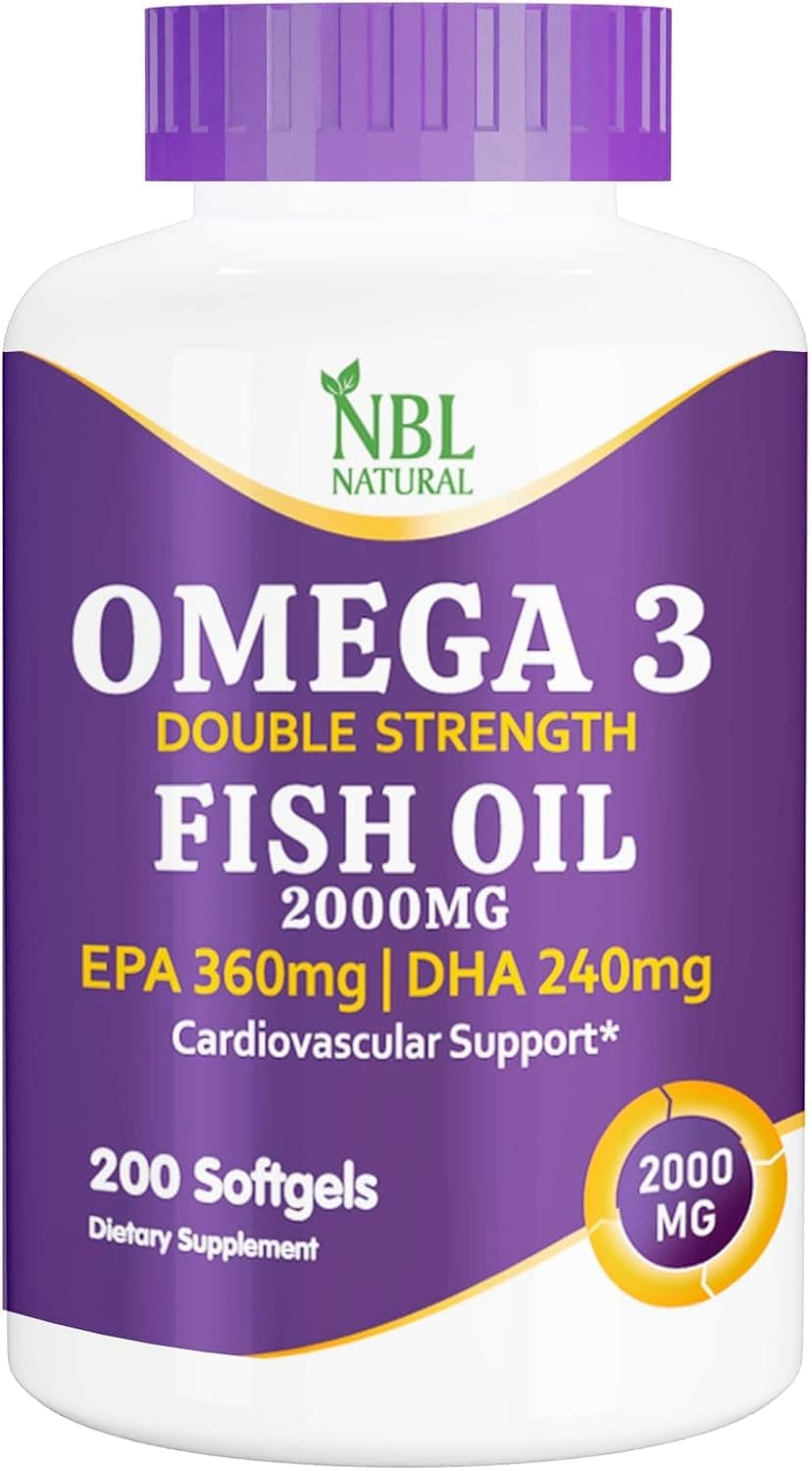 NBL NATURAL Omega 3 Fish Oil 2000 mg 360 EPA 240 DHA Double Strength, Cardiovascular Support, 200 Softgels
