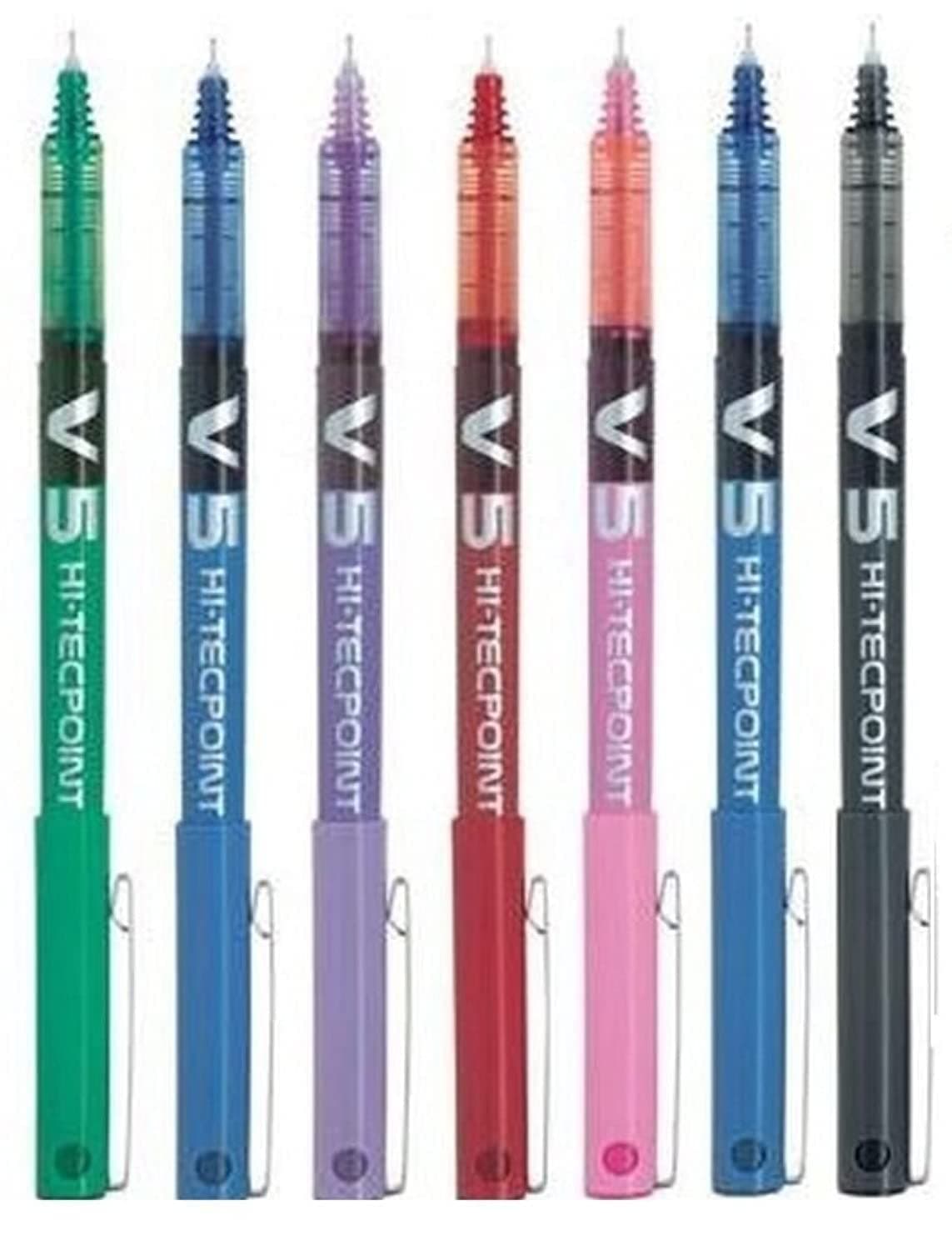 Pilot Bx V5 Assorted Colour Pack Hi-Tecpoint Extra Fine Rollerball Pen 0.5mm Nib Tip 0.3mm Line Width - 1 of Each 7 Colours - Black Red Blue Green Violet Pink Light Blue