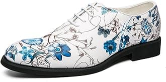 Comodish Formal Dress Shoes for Men Lace Up Round Toe Blue Flower Vegan Leather Block Heel Rubber Sole Non Slip Low Top Prom Formal Oxford