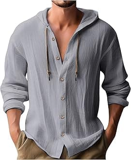 Linen Hoodies for Men UK Sale, Casual Drawstring Hoody Sweatshirts Long Sleeve Button Down Shirts Plain Hooded Pullover Athletic Hoodies Cotton Linen Shirt Gym Sports Shirts Comfy Running Tops