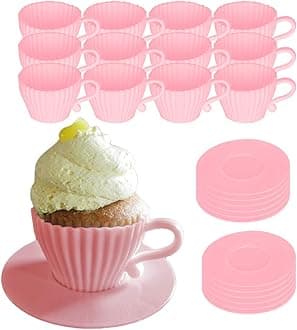 EvelotsBaking Cupcake Molds - Silicone Teacup Set - 48 Pc Set - Oven-Safe - Nonstick - Muffin Cups for Bridal/Baby Shower, Birthday/Tea Party - 24 Cups & 24 Saucers - BPA Free