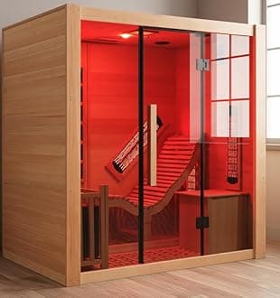 Far Infrared Wooden Sauna Room with Recliner, 1 Person Indoor Infrared Home Sauna, Indoor Saunas for Home 220V, 2300W, 7 Heaters, Hemlock, Bluetooth Speakers, 7 Color Light, Oxygen Bar