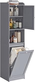 VASAGLE Tall Storage Cabinet, Storage Unit with Removable Laundry Basket, Compartment and Cabinet, for Bathroom, Living Room, 15.8 x 15.8 x 66.9 Inches, Dove Gray UBBC761G02