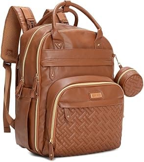 BabbleRoo Leather Diaper Bag Backpack - Baby Essentials Travel Baby Bag, Multi function, Water Resistant, with Changing Pad, Stroller Straps & Pacifier Case – Unisex, Natural Brown