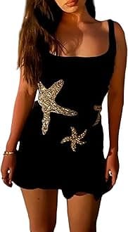 Faretumiya Women Starfish Sequin Mini Dress Square Neck Star Print Knitted Dress Sleeveless Bodydon Tank Dresses Beach Party
