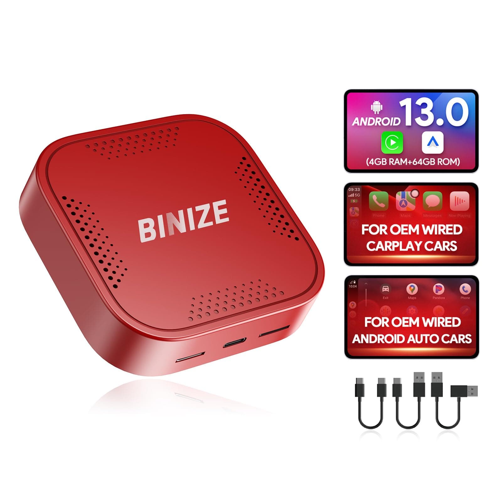 Binize Wireless CarPlay Android AUTO Multimedia Video Box 4G Cellular,4GB+64GB,8Core,Android 13 Built-in Navigation Support SIM&TF Card Bluetooth Support Car with OEM Wired CarPlay