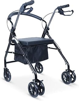 Everactiv Rollator | Aluminuium Walker with Padded Seat, Backrest & Storage Basket | Adjustable Height (31-35 Inches) | PVC Hand Grips, Hand Brake System & 6-Inch Wheels for Seniors