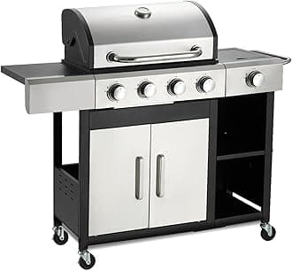 4-Burner Propane Gas Grill with Side Burner & Cabinet - 49,000 BTU Stainless Steel BBQ Grill, Porcelain-Enameled Cast Iron Grates for Outdoor Cooking, Patio & Backyard