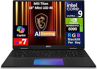 MSI Titan AI Gaming Laptop 18" 120Hz Mini LED 4K Display (Intel Ultra 9- 285HX, GeForce RTX 5090 24GB, 64GB DDR5, 3 x 2TB SSD, Per Key RGB KB, 2 Thunderbolt 5, WiFi 7, Webcam, Win 11 Pro)