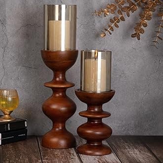Wooden Candle Stands For Home Decor With Glass (Set Of 2)- Mango Wood Candle Holder Stand,Dining Table Decor,Wavy Round Pillar Candle Holder,Decorative Candle Stands ,Light Brown