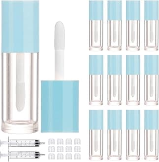 2.5ml 12 PCS Empty Lip Gloss Tubes with Wand Lip Gloss Containers Cute 0.08oz Clear Refillable Lipgloss Making Supplies Kit for DIY Makeup+ 2pcs Syringes (Blue)