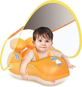 Upgraded No Flip Over Baby Pool Float, Baby Float with Canopy UPF50+, Inflatable with Double Air Chambers, Five Safety Protection Anti-flip Safe, Baby Swimming Float with 2 Tail for 6-36 Months