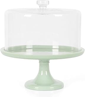 Highbrook 10-Inch Jadeite Cake Stand with Glass Dome – Vintage-Style Pedestal Dessert Plate for Cakes and Pastries, Decorative Covered Serving Platter