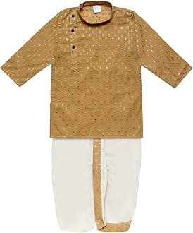 SuperminisBoy's Cotton Kurta with Dhoti - Golden Thread Work, Round Collar, Full Sleeves, Side Button Kurta Set for Ethnic Wear