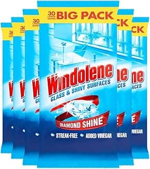 Windolene Glass & Shiny Surfaces Diamond Shine, 180 Wipes (6 packs x 30), Streak-Free Cleaning for Windows, Window cleaner & Glass cleaner