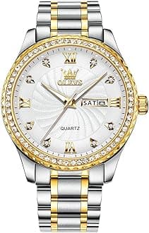 - Men's Casual Stainless Steel Watch, Big Face Easy to Read Analog Quartz Watch with Day and Date, Classic Waterproof Diamond Roman Arabic Numerals Dial Dress Watch for Men, Gold Silver Black Band