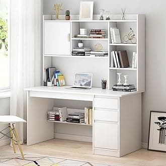 LITFAD Modern Computer Desk Work from Home Desk with Hutch, Bookcase and Integrated Cable Management, Rectangular Wood Office Desk 3 Drawers, White 47.2" L x 17.7" W x 64.2" H