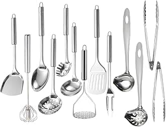 Ragyzity 304 Stainless Steel Kitchen Utensil Set, 13PCS Cooking Nonstick Cookware Set Serving Utensils Cooking Utensil All Metal Cooking Spoons, Comfortable Grip Stainless Steel Utensils Set