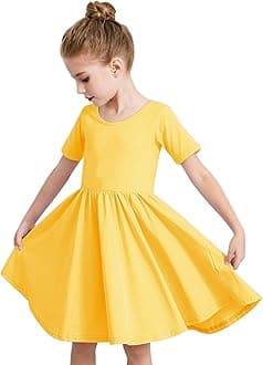 - Girls Short Sleeve Dress Summer Kids Toddler Skater Twirl A Line Solid Color T-Shirt Dress for School Casual 3-12 Y
