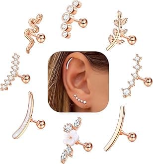 8 PCS 16G Cartilage Earrings Helix Piercing Jewelry for Women Stainless Steel Opal CZ Conch Daith Tragus Piercing Jewelry Flower Snake Leaf Screw Back Stud Earrings Set