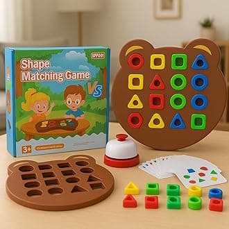 Toy Imagine Shape Matching Puzzle Game for Kids | 30 Question Cards,32 Colorful Shapes,2 Bear Boards & Bell | Educational STEM Toy for 3+ Years |Montessori Learning Toy for Shape & Color Recognition