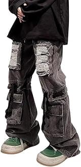 LafaguwMens Cargo Pants Ripped Baggy Jeans Y2K Elastic Waist Straight Leg Pants 90S Vintage Streetwear Grunge Clothes.