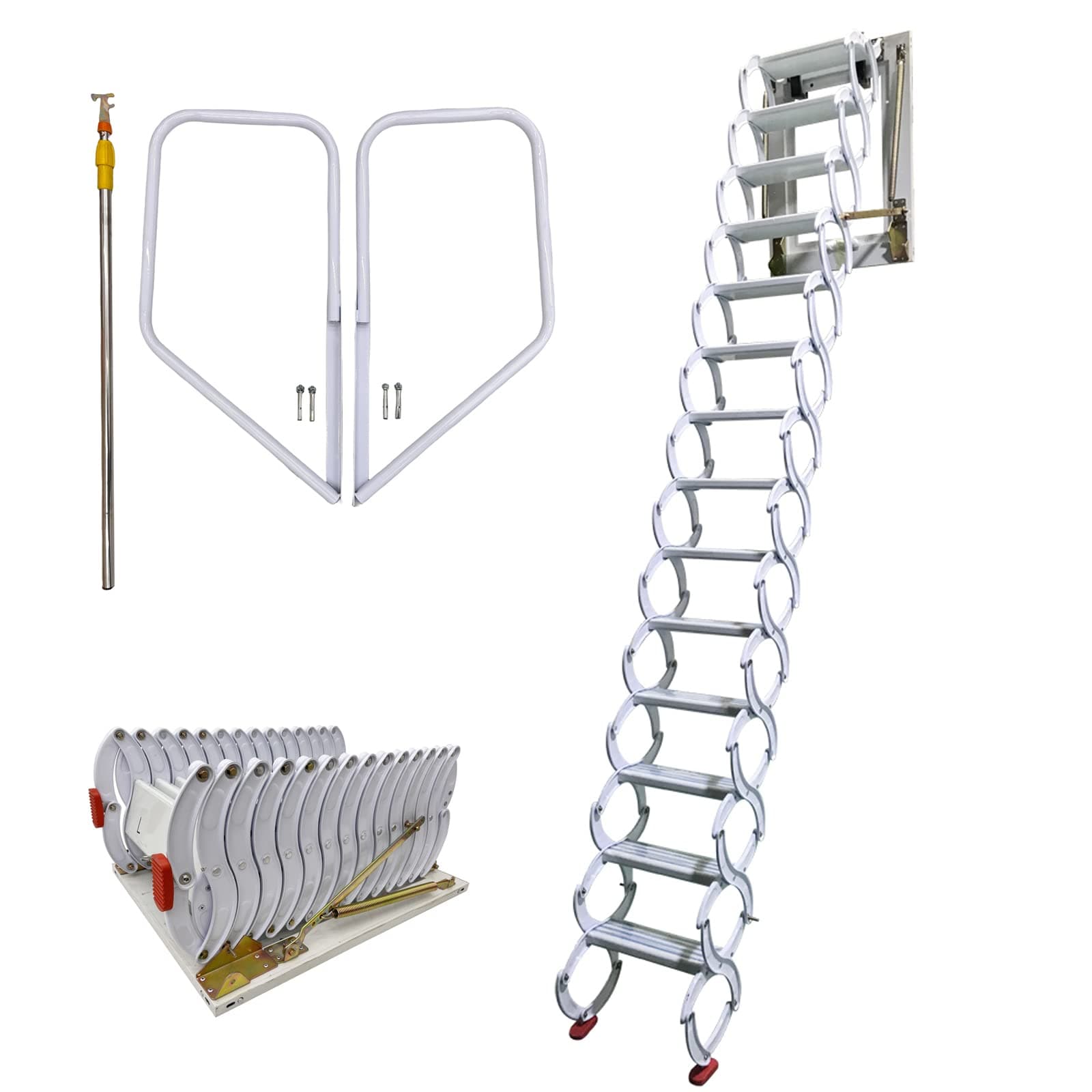 TECHTONGDA Attic Ladder Steps Pull Down 14 Steps Attic Stairs, Extension Folding Loft Ladder Stairs with Armrests, Wall Mounted Type, Alloy, 11.5 ft Height White