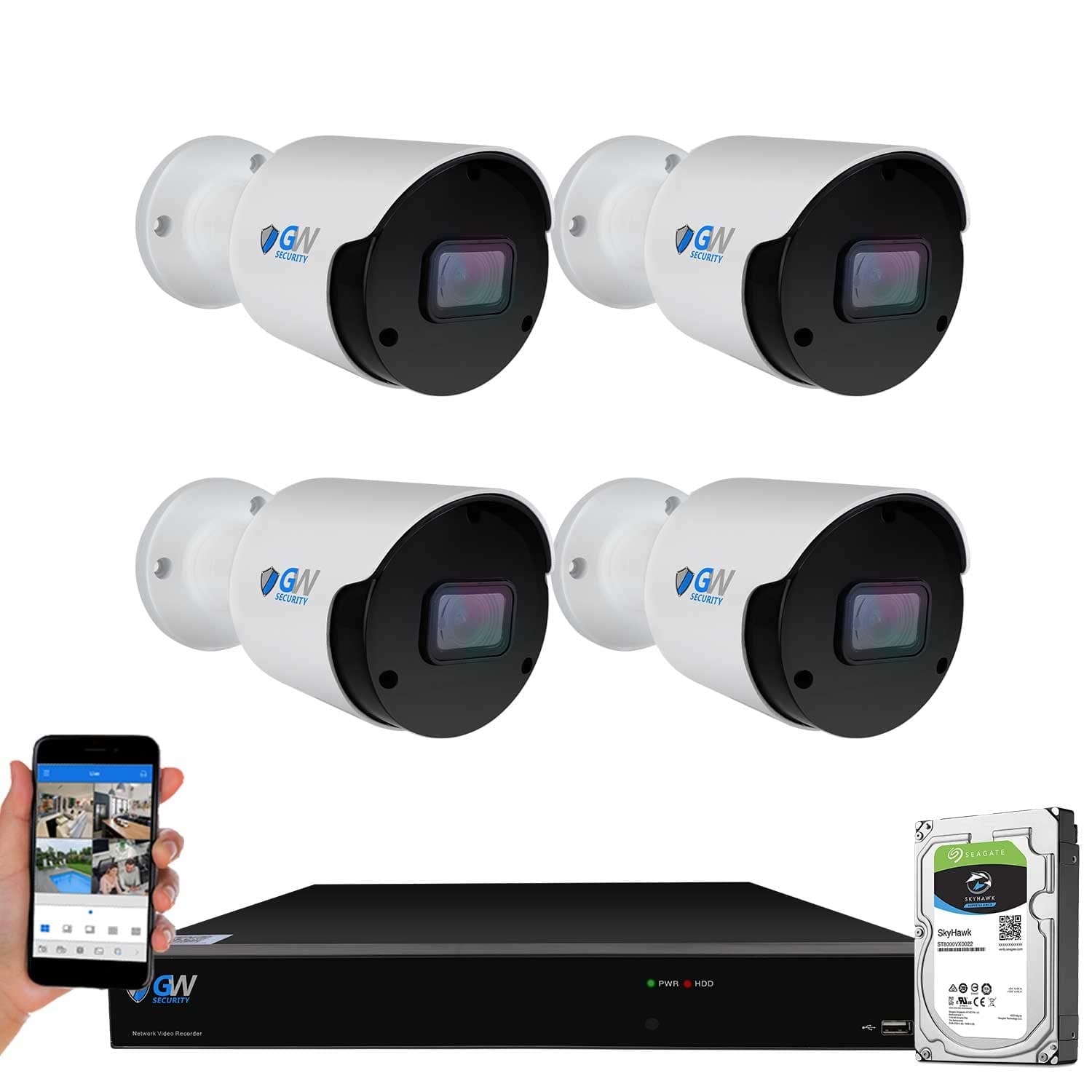 GW Security 2K Human/Vehicle Detection Security Camera System, 8CH 4MP PoE NVR, 4 x UHD 2K Smart AI IP Motion Bullet Cameras, Pre-Installed 2TB Hard Drive