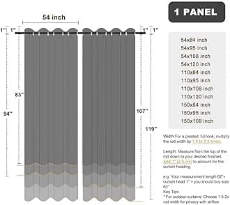 BONZER Outdoor Curtains for Patio Water Resistant Heavy Privacy Sunlight Blocking Grommet Outside Curtains for Porch, Pergola, Gazebo, 1 Panel, 84W x 120L inch, Charcoal