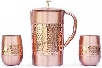 Pure Copper Water Jug with 2 Copper Tumblers (Hammered and Plain Pattern) For Ayurveda Health Benefits (With Barrel Glass)