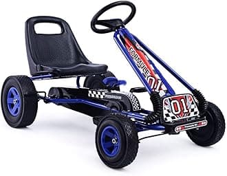 HONEY JOY Go Kart for Kids, 4 Wheel Quad Off-Road Pedal On Foot Go Cart w/Steering Wheels & Adjustable Seat, 2 Safety Brakes, EVA Tires, Clutch, Outdoor Racer Ride On Pedal Car (Blue)