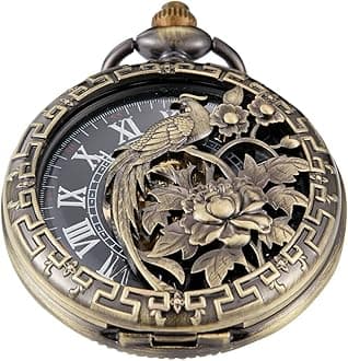 Bronze Men's Antique Mechanical Pocket Watch, Skeleton Mechanical Roman Numerals Pocket Watch with Chain + Box