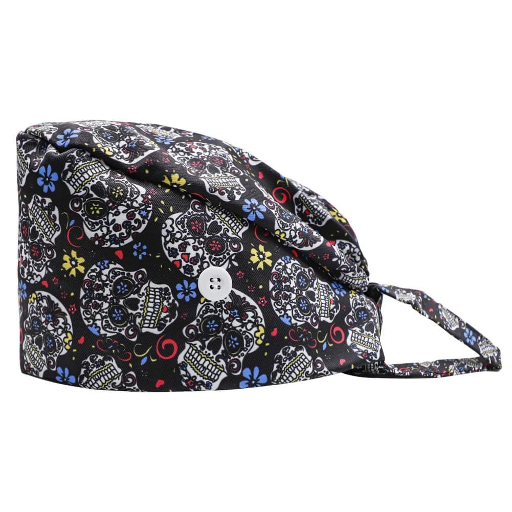 Gourd-Shaped Working Cap with Button, Adjustable Tie Back Hat Sweatband Hair Cover for Women Men, Multiple Color (Skull) 1 PC