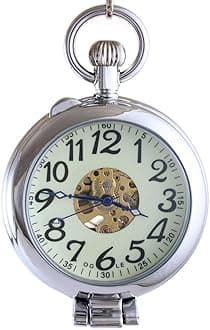 OGLE Waterproof Silver Magnifier Luminous Chain Fob Self Winding Automatic Skeleton Half Hunters Mechanical Pocket Watch