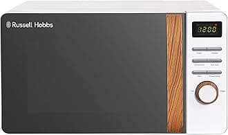 Russell Hobbs RHMD714 17 L 700 W Scandi White Digital Microwave with 5 Power Levels, Wood Effect Handle & Dials, Clock & Timer, Automatic Defrost, Easy Clean, 8 Auto Cook Menus