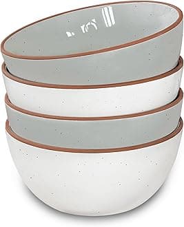 Mora Ceramic Bowls, 28oz - Set of 4 - For Cereal, Salad, Pasta, Soup, Dessert, Serving etc - Dishwasher, Microwave, and Oven Safe - Small Kitchen, Breakfast, Lunch and Dinner Approved - Vanilla & Grey