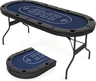 COSTWAY Foldable Poker Table for 8 Players, 182cm Folding Casino Leisure Card Board Game Tables with Metal Cup Holders, Padded Railings, Portable Blackjack Texas Holdem Poker Table (Black+Blue)