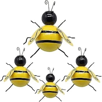 Becizy 4 Pack Metal Bee Wall Decor Outdoor Garden Fence Decor, 3D Bumble Bee Wall Art Decoration, Iron Bee Wall Art Sculpture Hanging for Home, Living Room, Patio, Office, Porches, Yard, Lawn