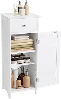 VASAGLE Storage Cabinet, Small Slim Floor Cabinet with Drawer and Door, for Living Room, Bathroom, Bedroom, 11.8 x 13.8 x 34.3 Inches, White UBBC48WT