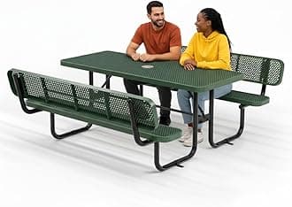 Commercial Heavy-Duty Metal Picnic Table with Backrest - ADA Compliant, Adjustable Seats, Umbrella Hole, Expanded Metal (Green, 6' Rectangular with Back)