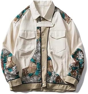 Men'S Denim Jacket, Embroidered Flower Jackets For Mens Clothing Coat Men'S Patchwork Coats New Outerwear Bomber Tops Button Down Jean